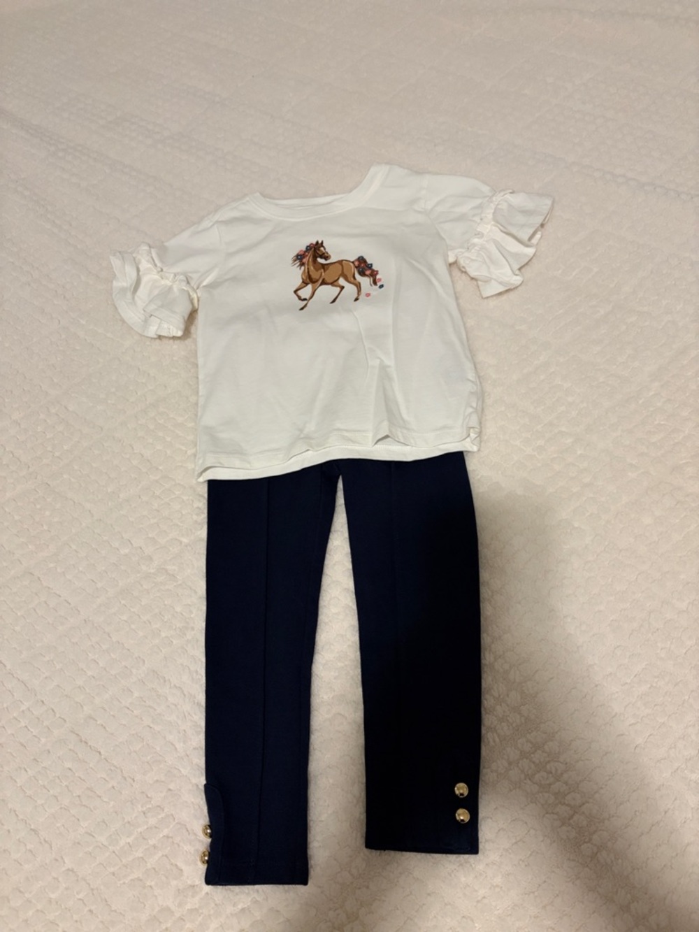 Janie and Jack White Ruffle Sleeve Tee with Horse Graphic & Navy Leggings